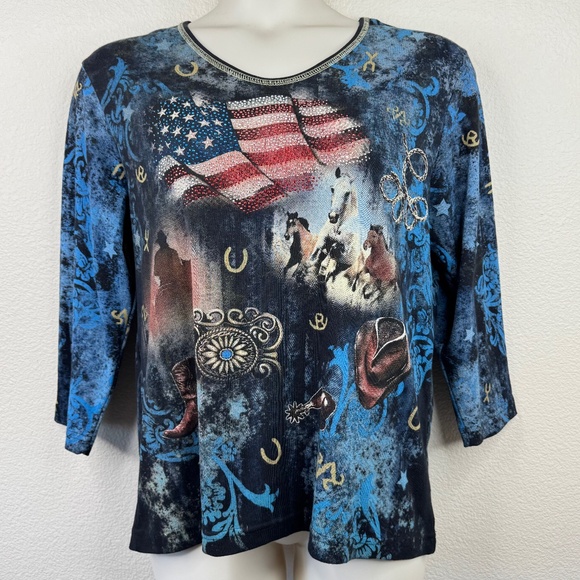 Cactus Bay Womens Blue American Cowboy Western Studded Cotton Top Sz. XXL - Picture 1 of 13